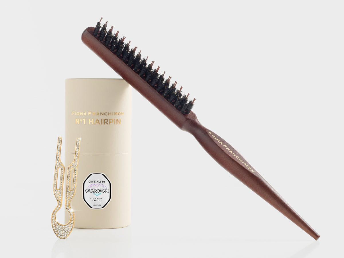 №1 Hairpin Volume Value Set | Nº1 HAIRPIN with Swarovski Crystals Yellow gold finish & Backcomb Hair Brush