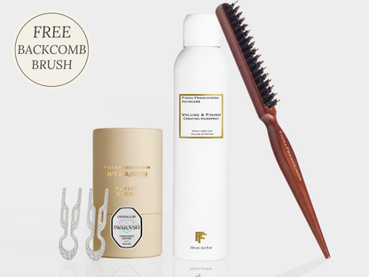 Value set- Volume and Finish Creation Hairspray & Nº1 HAIRPIN Petite with Swarovski White Gold, Free Backcomb brush