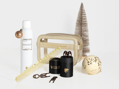 Holiday Value Set: Gold Travel BeautyCase + Brown 5x + Gold Comb + Hairspray