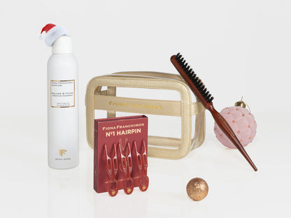 Holiday Value Set: Gold Travel BeautyCase + Ruby Red + Backcomb Brush + Hairspray
