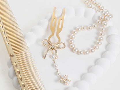 Nº1 Hairpin Pendant | Ribbon with Swarovski® Crystals & Pearl Strand | Yellow Gold Finish