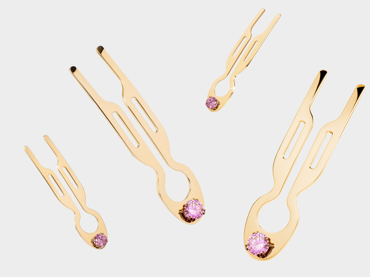 Nº1 HAIRPIN Steel Pink Crystal Solitaire | Yellow Gold Finish