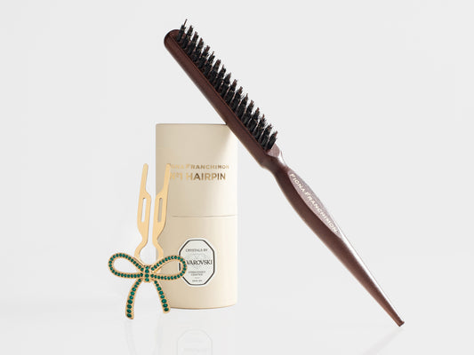 NºHairpin Volume Value Set | NºHAIRPIN Ribbon with Emerald Green Swarovski Crystals Yellow gold finish & Backcomb Hair Brush